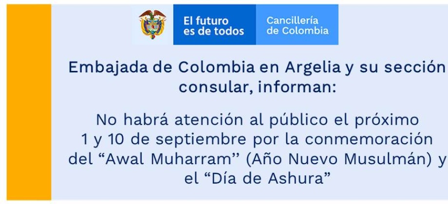 Embajada en Argelia informa que no habrá atención al público el próximo 1 y 10 de septiembre